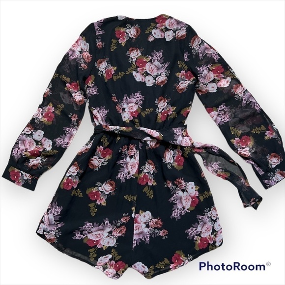 Tobi chiffon floral print faux wrap romper, long slit sleeve, lined, XS - Picture 2 of 12